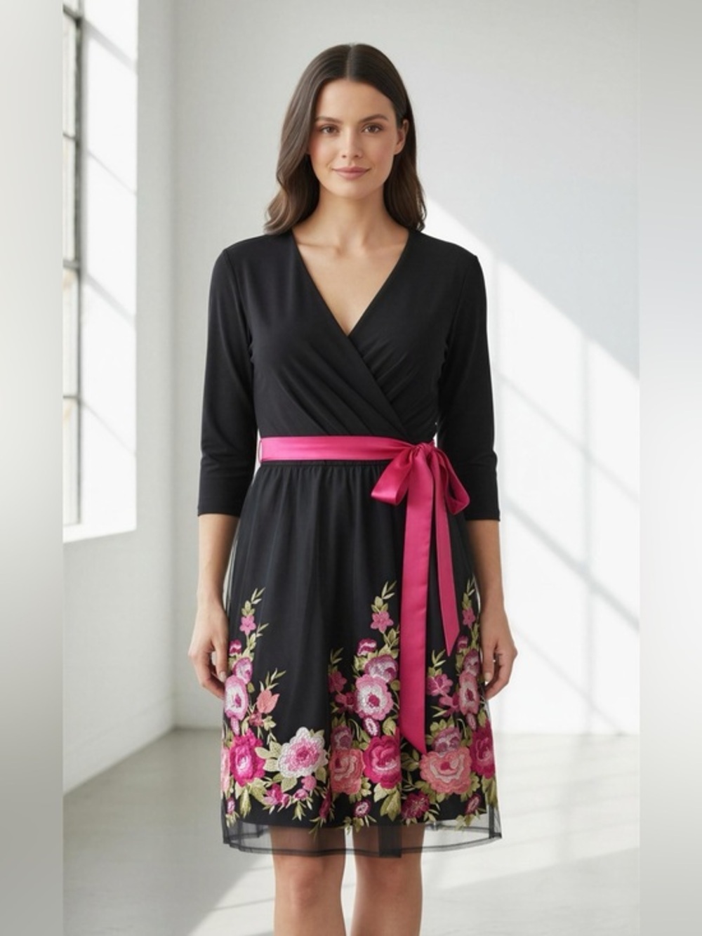 Leslie Fey Formal Black Midi Wrap Dress with Hot Pink Sash and Floral Embroidery
